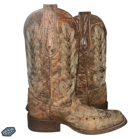 Corral Boots Women’s Metalic Cognac Stitching & Studs Square Toe Western Boots - Picture 1 of 16